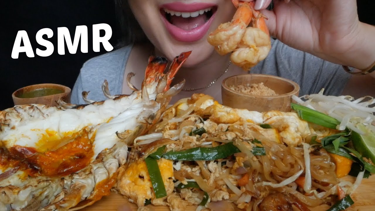ASMR *JUMBO Tiger Shrimp Pad Thai (The BEST) No Talking Eating Sounds | N.E Let's Eat