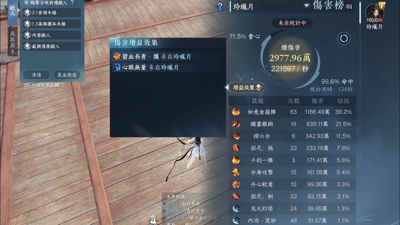 逆水寒 血河 2.1木樁 秒傷22.1 金凌峰 龍特 iPad手搓版