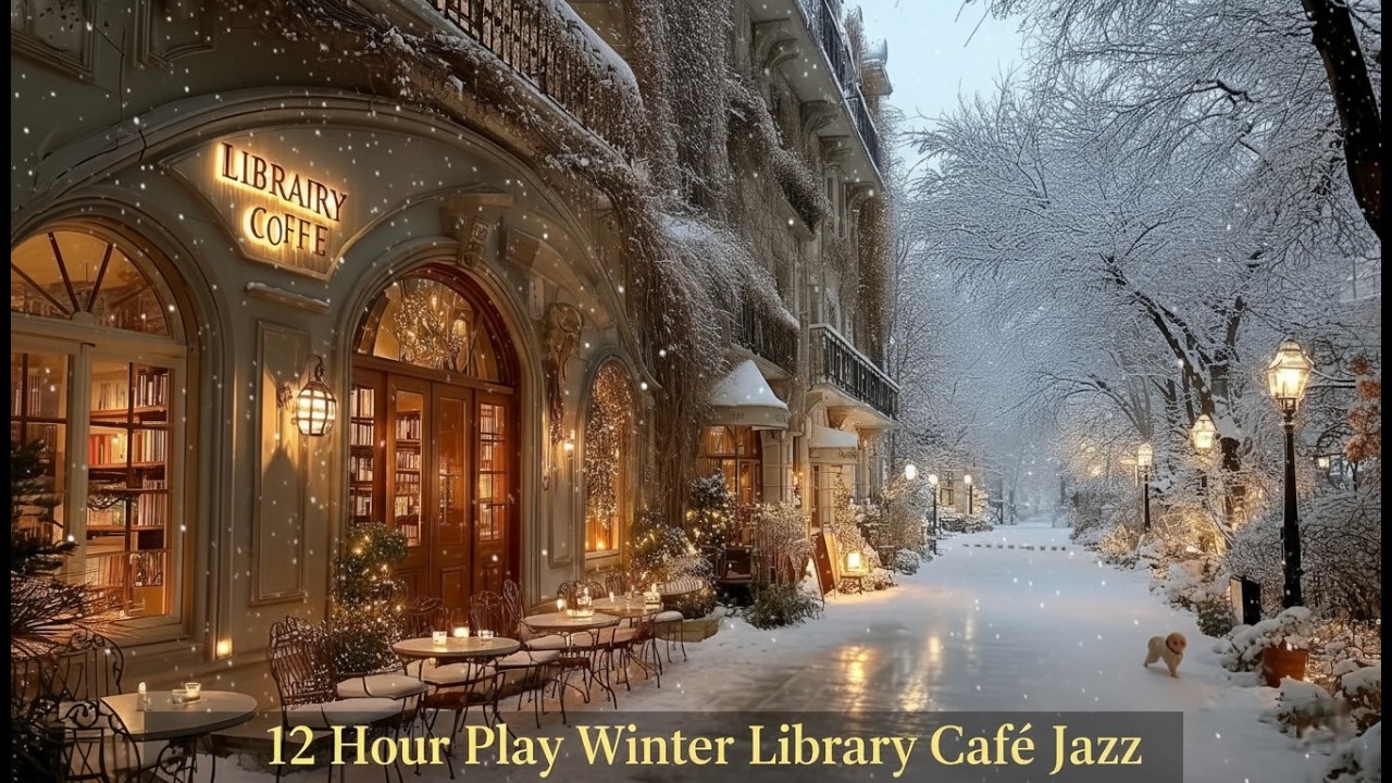 12 Часов Jazz Зимняя Библиотека Кафе ☕❄️ Заснеженная Европейская Улица для Глубокого Сна и Фокуса 4K