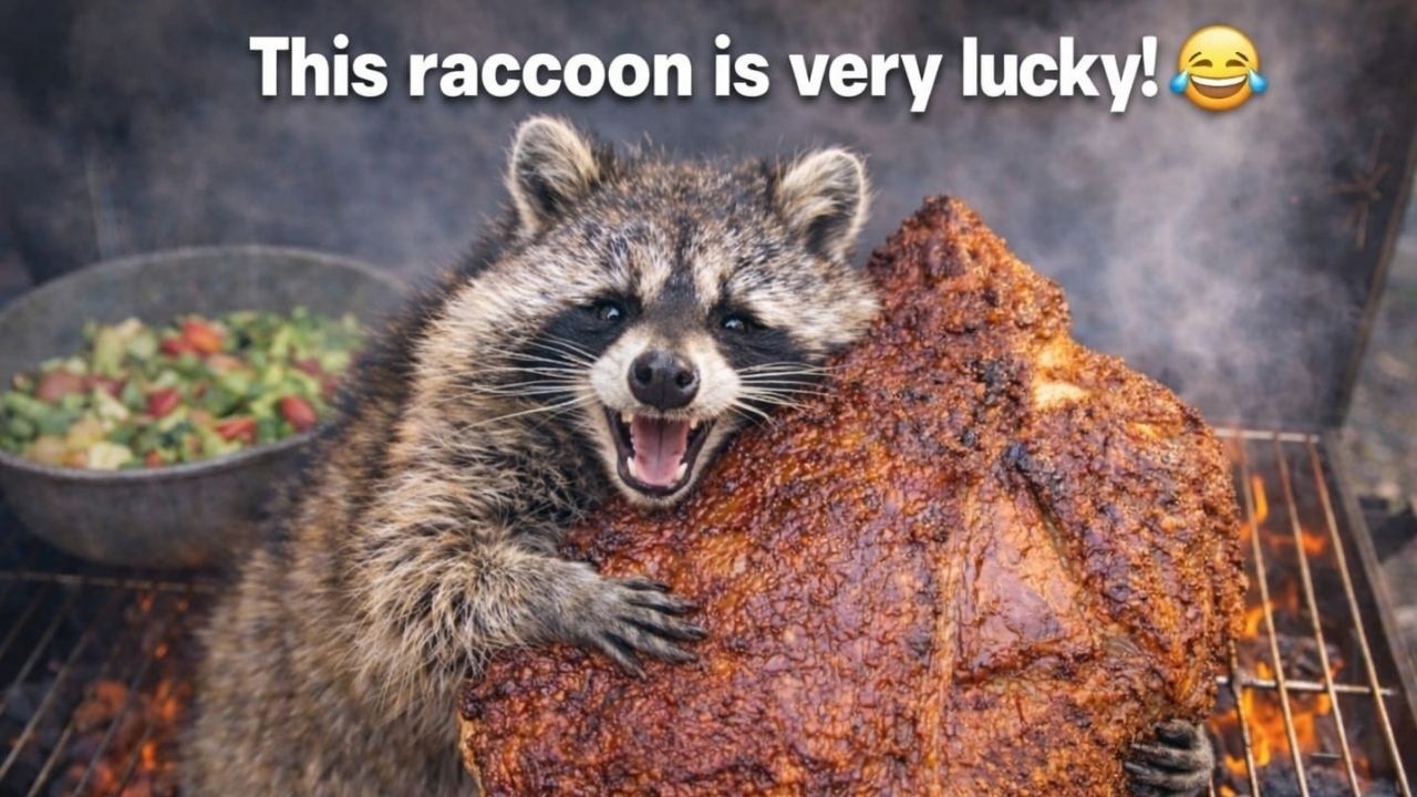 “Would you share a 5-hour cooked meat with a raccoon? 🦝🥩”