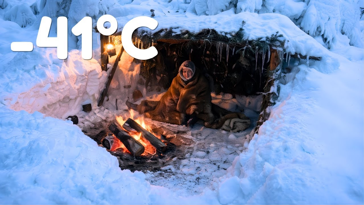 Winter Solo Camping in –41°C Wilderness | Building Shelter & Fire Survival Adventure