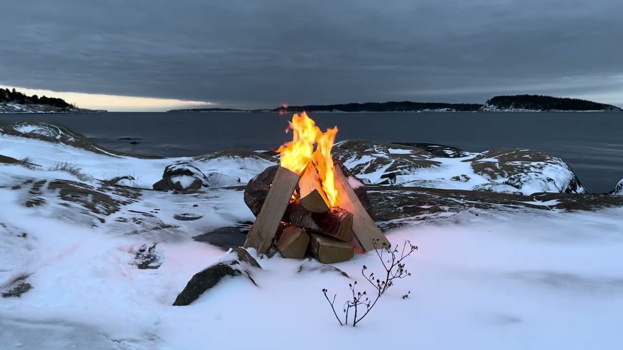 Real Winter Campfire by the Sea ❄️🔥 | Snow, Gentle Waves & Nature Sounds | No Music, No Loop #bål