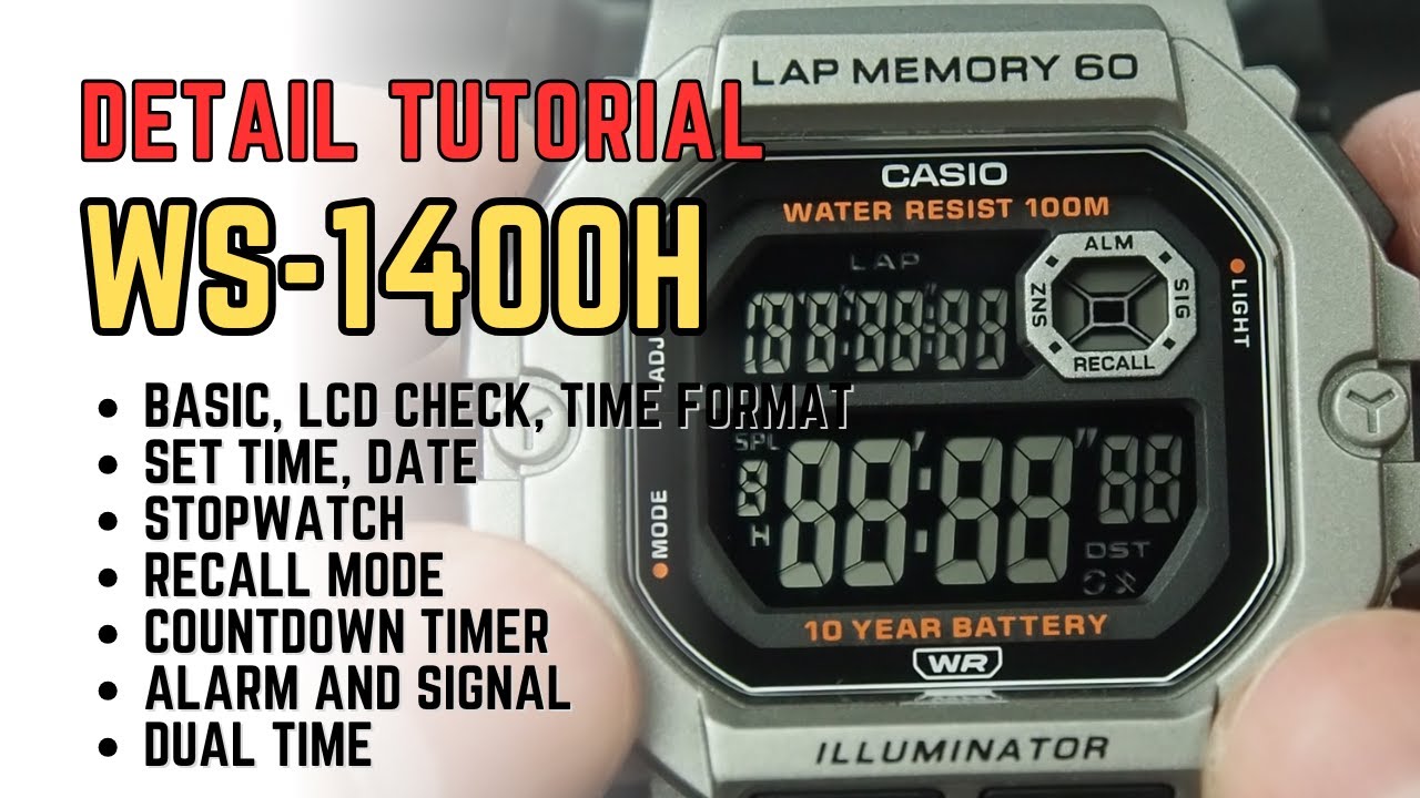 Casio WS-1400 Detail Tutorial: Settings and Operation, LCD Check, Alarm, Timer, Stopwatch, Recall