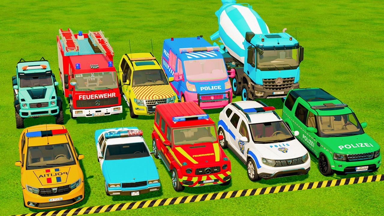 TRANSPORTING POLICE CARS, AMBULANCE, FIRE TRUCK, COLORFUL CARS WITH TRUCK -FARMING SIMULATOR 22!