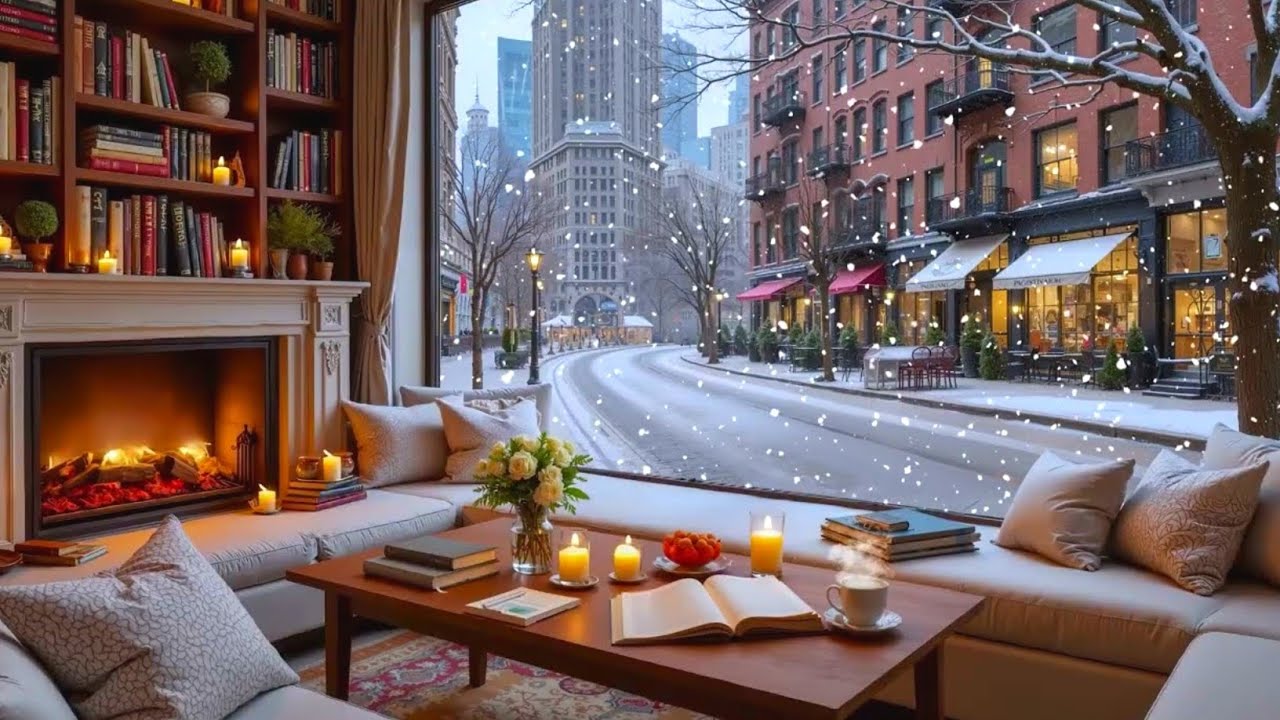 Deep Winter Night Jazz ❄️ Snowy Coffee Atmosphere & Cozy Fireplace Sounds for Studying and Focusing