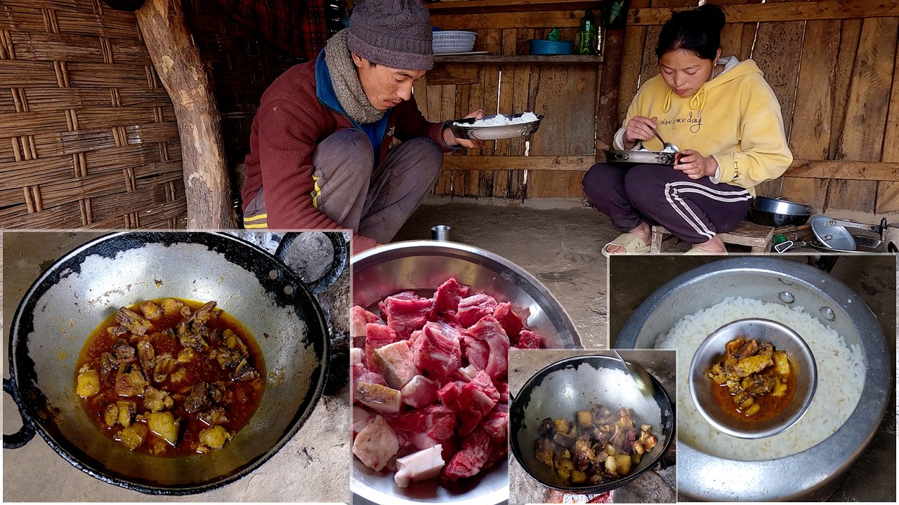 manjita rai cooks Himalayan PORK in her lunch for her husband || Himalayan cooking recipe ||