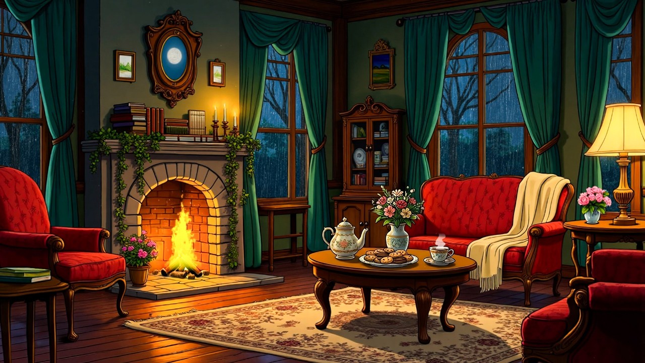 cozy 1940s living room with oldies playing in another room relax, unwind, sleep