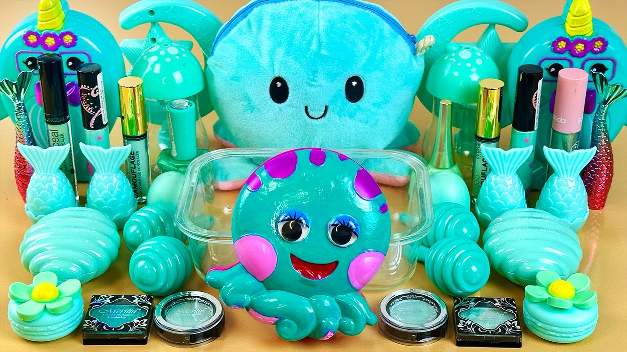 ASMR Slime 💚💦💤 Mixing ”MINT” makeup, Eyeshadow, glitter into slime. Satisfying slime video.