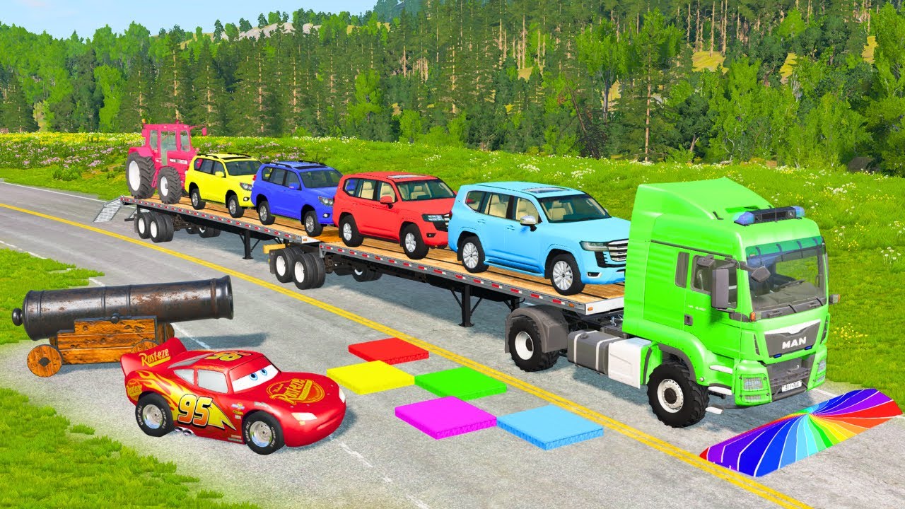 Flatbed Truck Mcqueen | Transportation with Truck - Pothole vs Car #168 - BeamNG.Drive