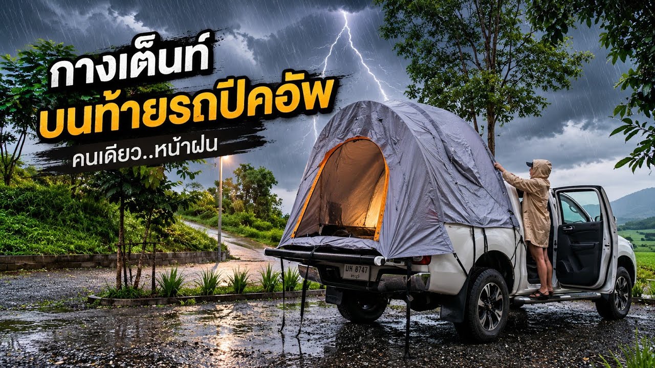 [90]กางเต็นท์นอนท้ายรถปิคอัพคนเดียววันฝนตก Solo car camping truck tent