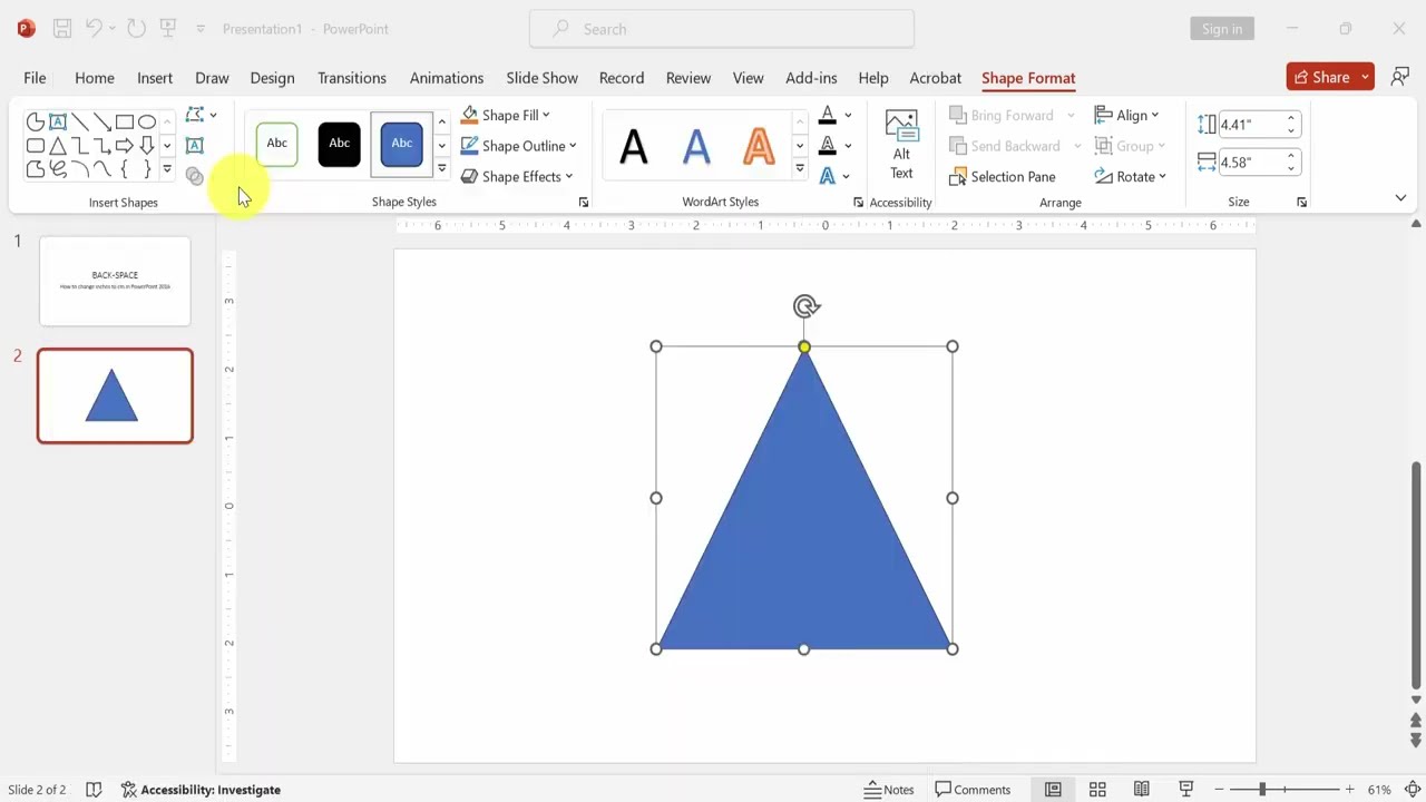 How to change inches to cm in PowerPoint 2016
