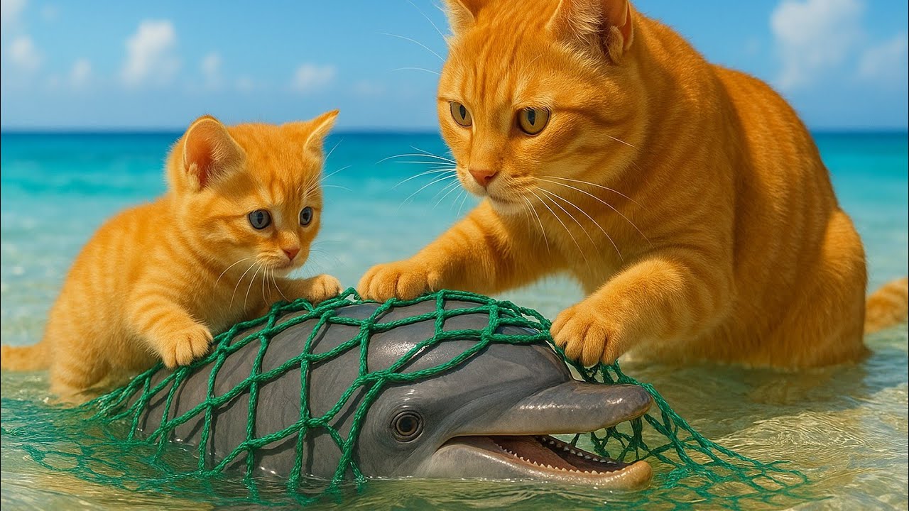 Mama Cat Rescues Trapped Dolphin,🐬 Gets Rewarded with Fish, Cooks and Grill Beachside Feast 🐾🍲🐱