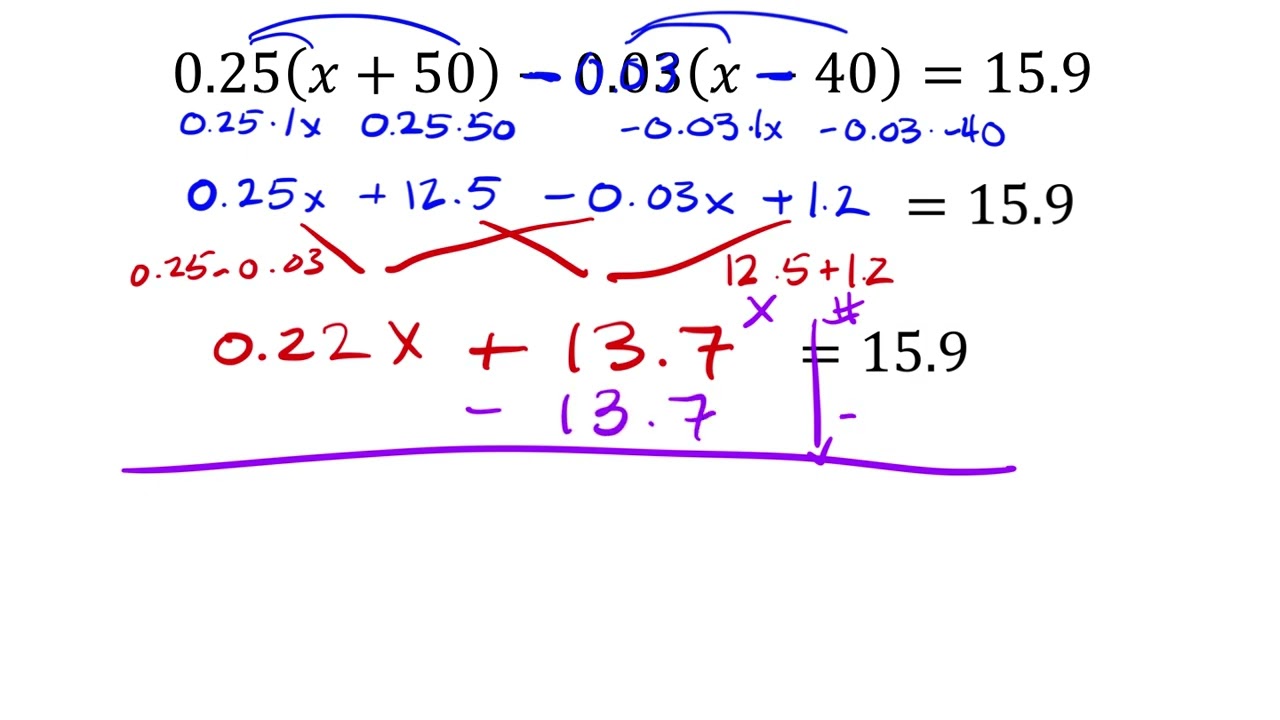 0.25(x-50)-0.03(x-40)=15.9 Solve for X