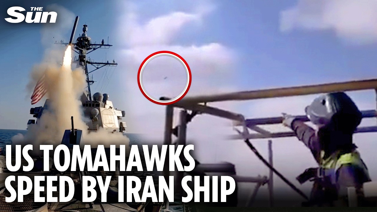 Moment US Tomahawk missiles speed just above cargo ship heading towards Iran
