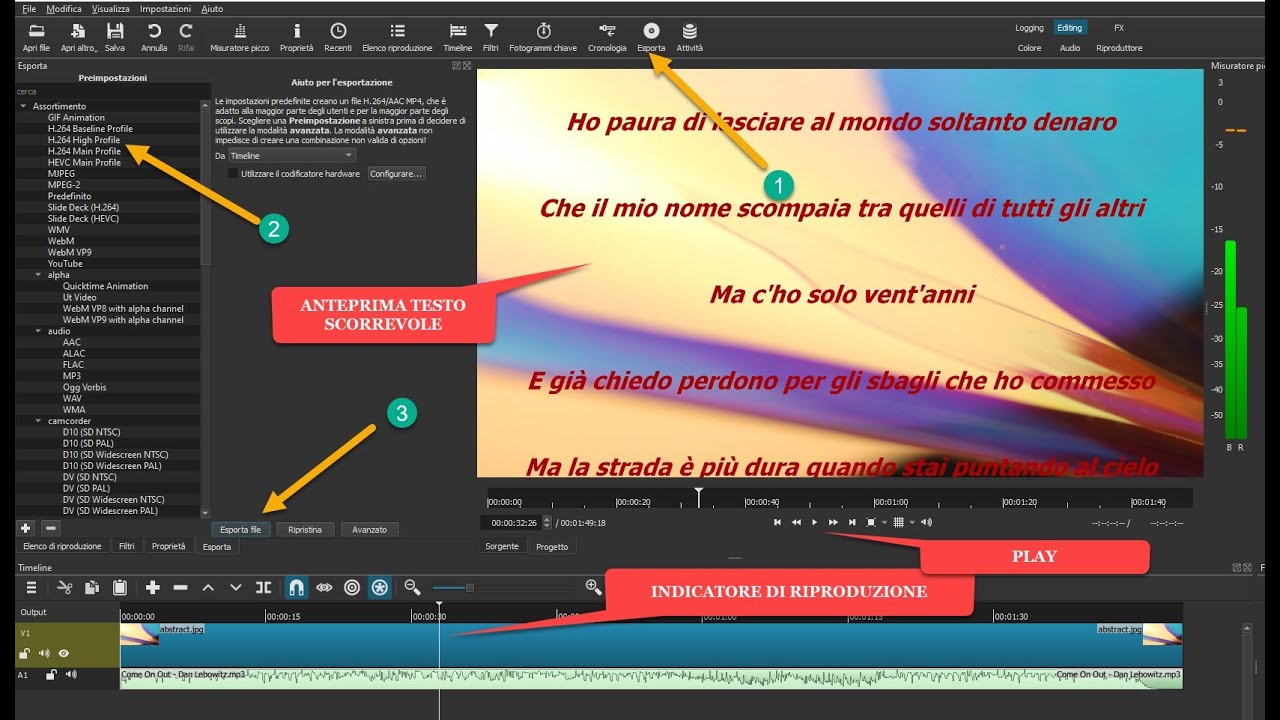 Come creare video con il testo di una canzone che scorre dal basso in alto con Shotcut