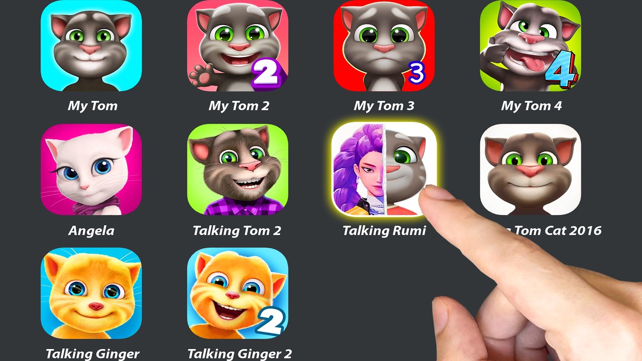 Talking Tom,My Tom 1,My Tom 2,My Tom 3,My Tom 4,Talking Rumi,Talking Ginger,Talking Tom 2,Angela