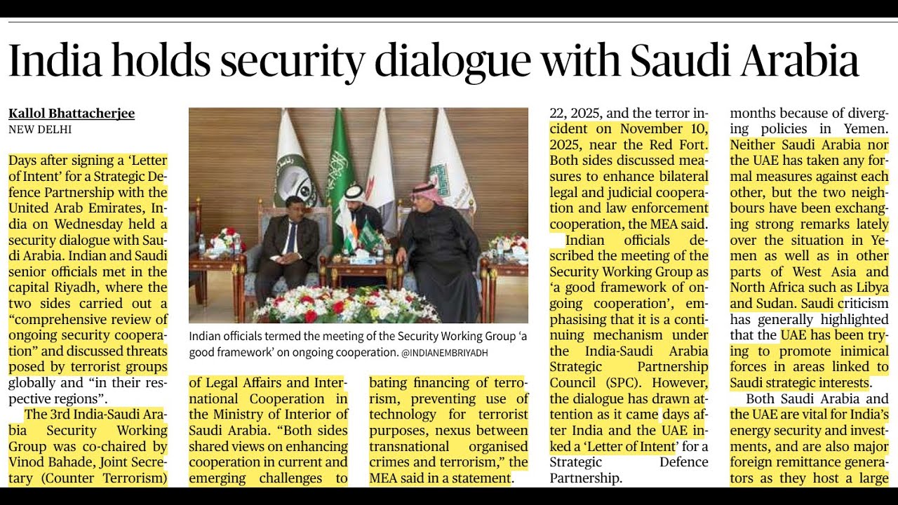 India–Saudi Security Dialogue | Current Affairs for Defence Exams | The Hindu | English Reading