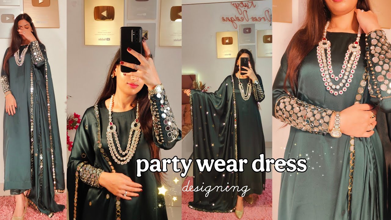 Party wear dress designing ✨ mirror work/ Hand embroidery/glitter work/ cutting and stitching 