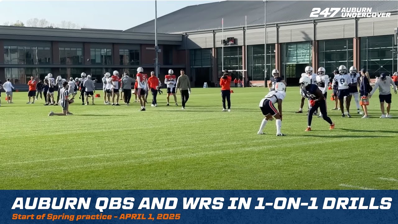 Auburn QBs and WRs in 1-on-1 drills | 2025 spring practice