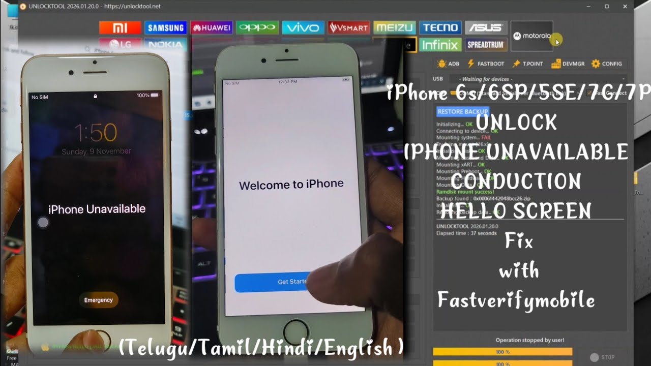 iPhone 6s/6SP/7G/7P/5SE iPhone Unavailable Password ,Hello Screen with Network-No issue Telugu/Tamil