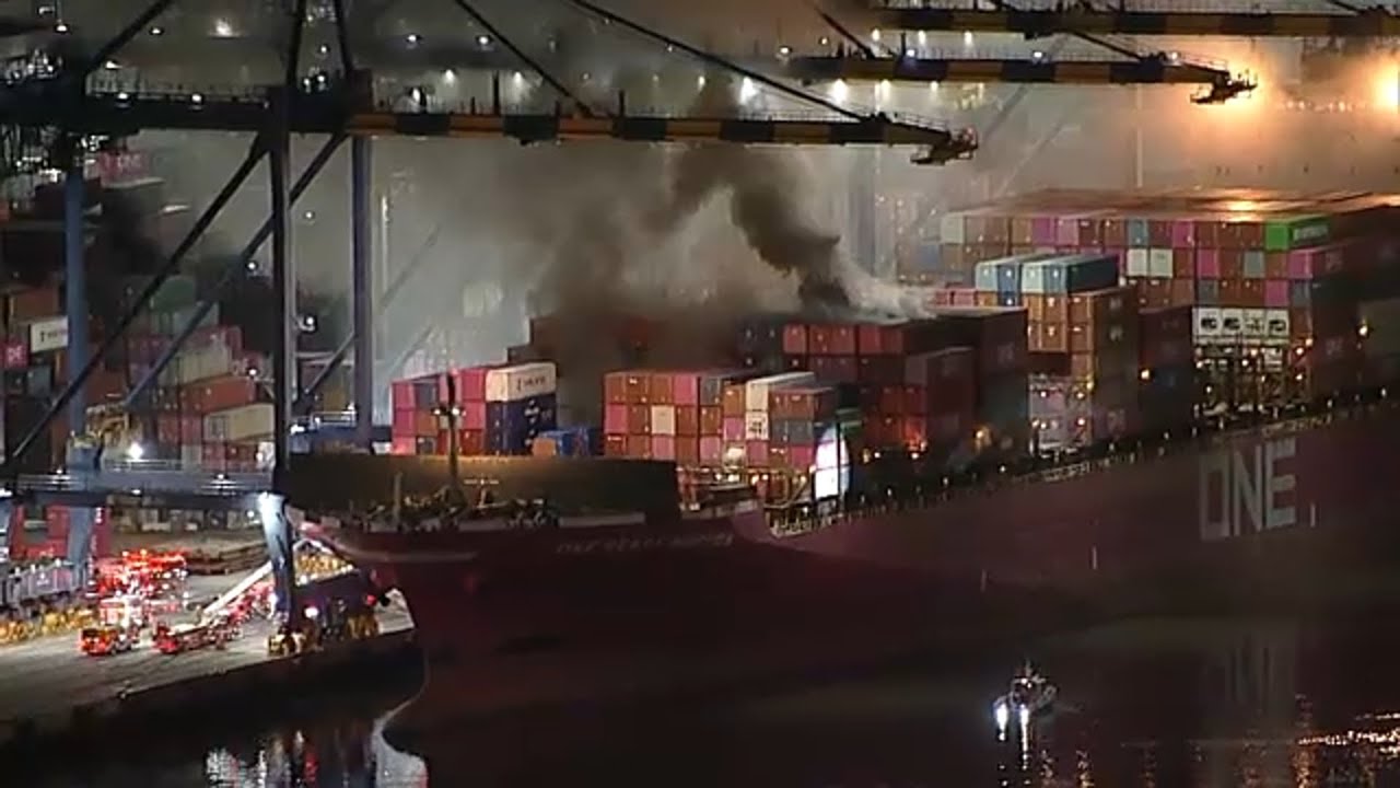 Crews battle container ship fire at Port of LA