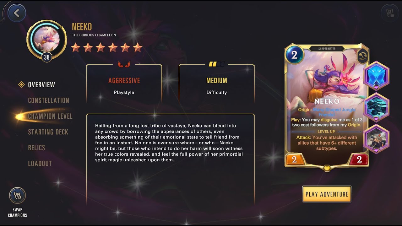 Neeko champion breakdown, constellation and relics for all star levels