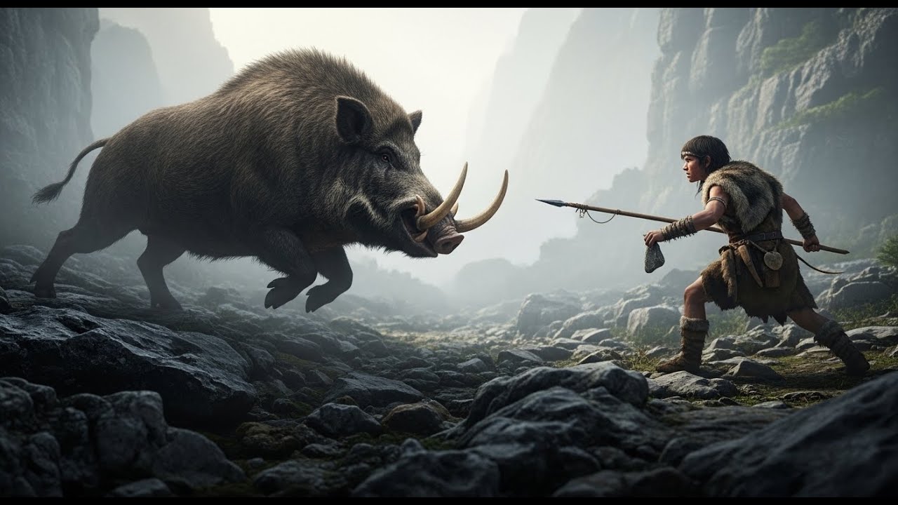 life ancient million years ago encounter between giant tusk toothed wild boar and prehistoric man