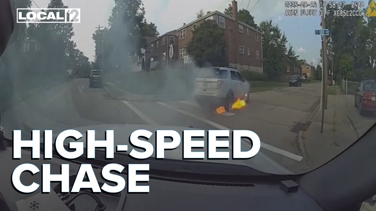 Police cruiser cam shows police chase, car catching fire
