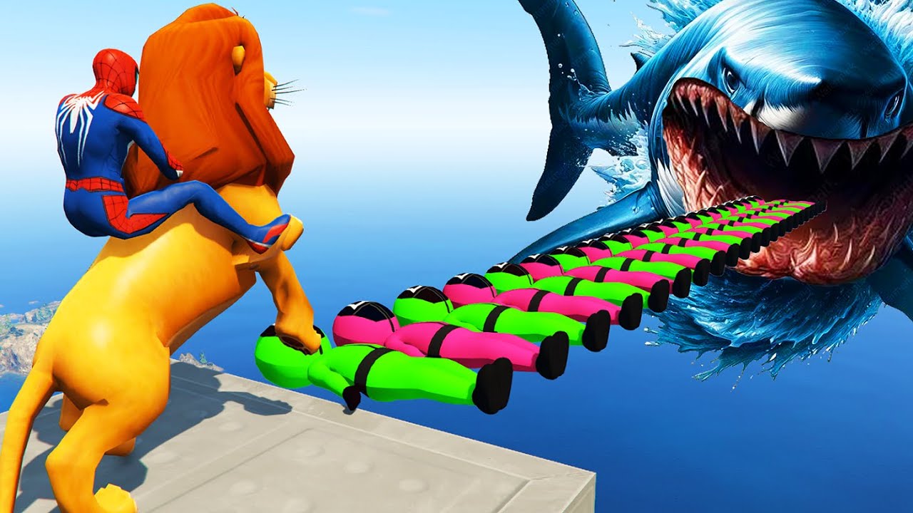 GTA V Epic Ragdolls Spiderman Ride Lion King on the Squid Game Bridge of Spider by Shark #bmcartoons