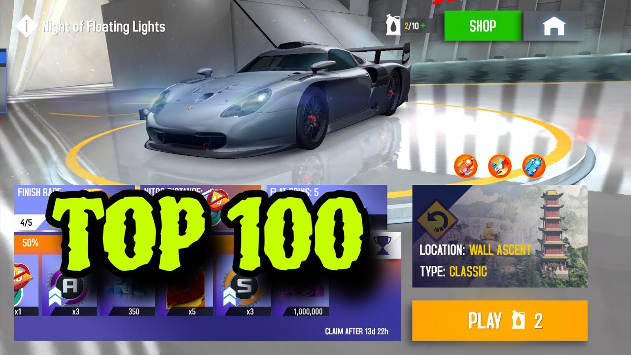 Asphalt 8, Night of Floating Lights Wall Ascent Porsche 911 GT1 Evolution Top 100 