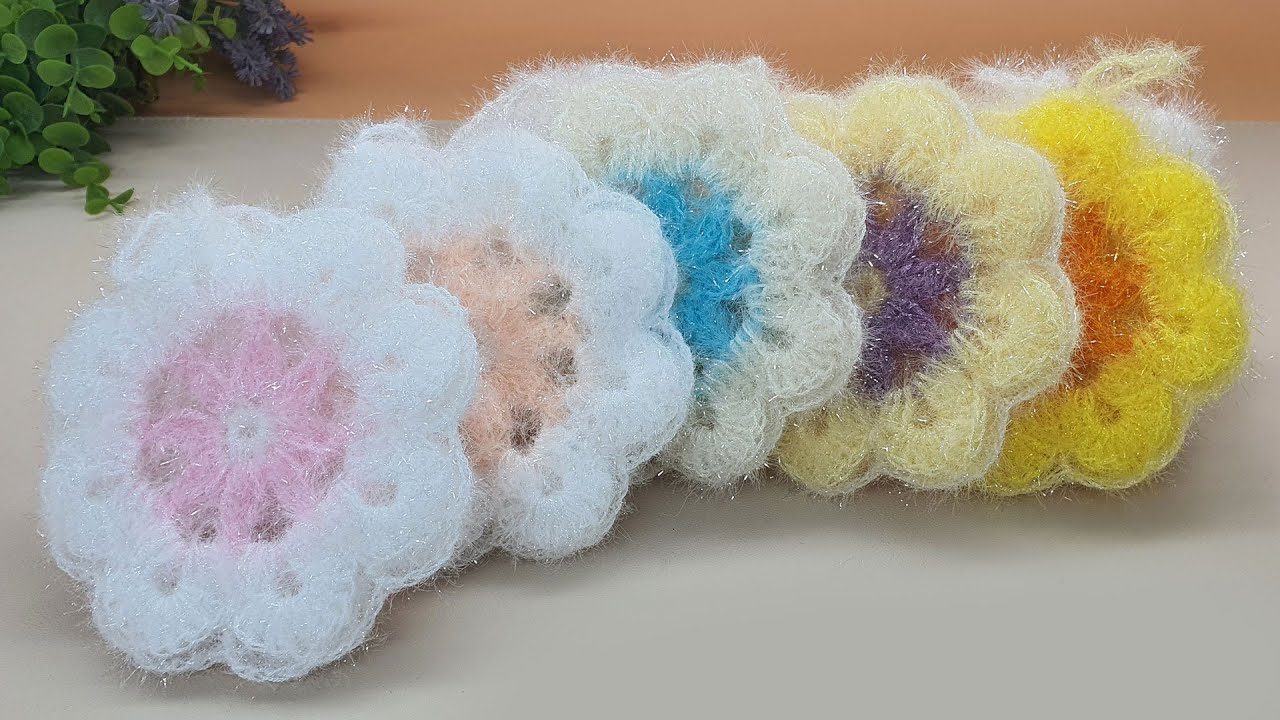 [수세미코바늘] 큰 꽃송이 평면 수세미 뜨기 crochet coaster