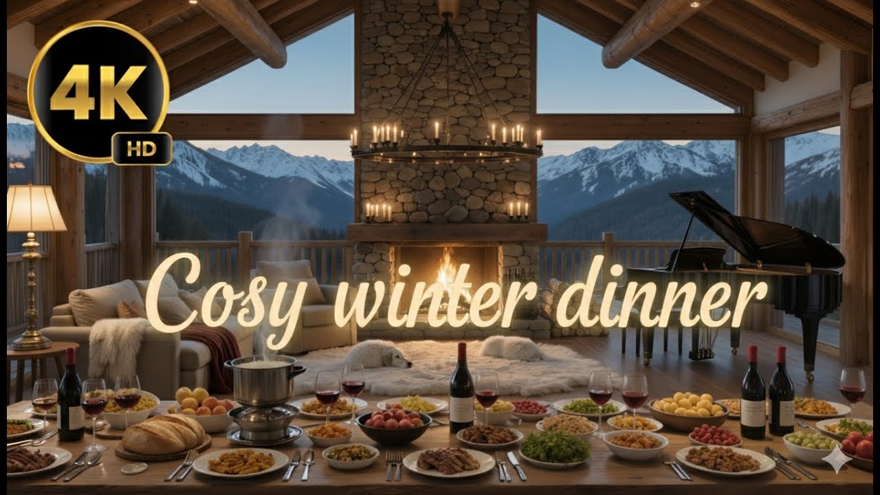 Quiet Piano Jazz for a Cozy Dinner 🍷 | Relaxing Evening Music in a Mountain Chalet (4K)