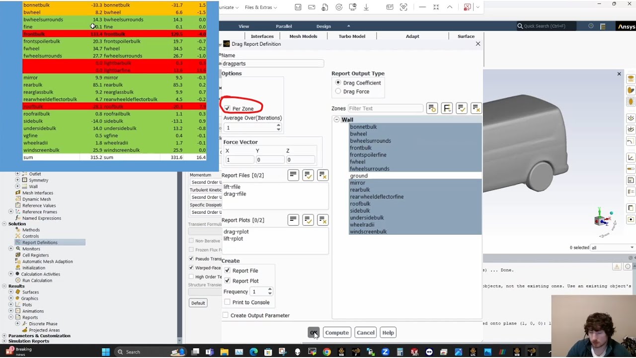 Creating CFD Drag Force Reports for Individual Vehicle Components - ANSYS Fluent