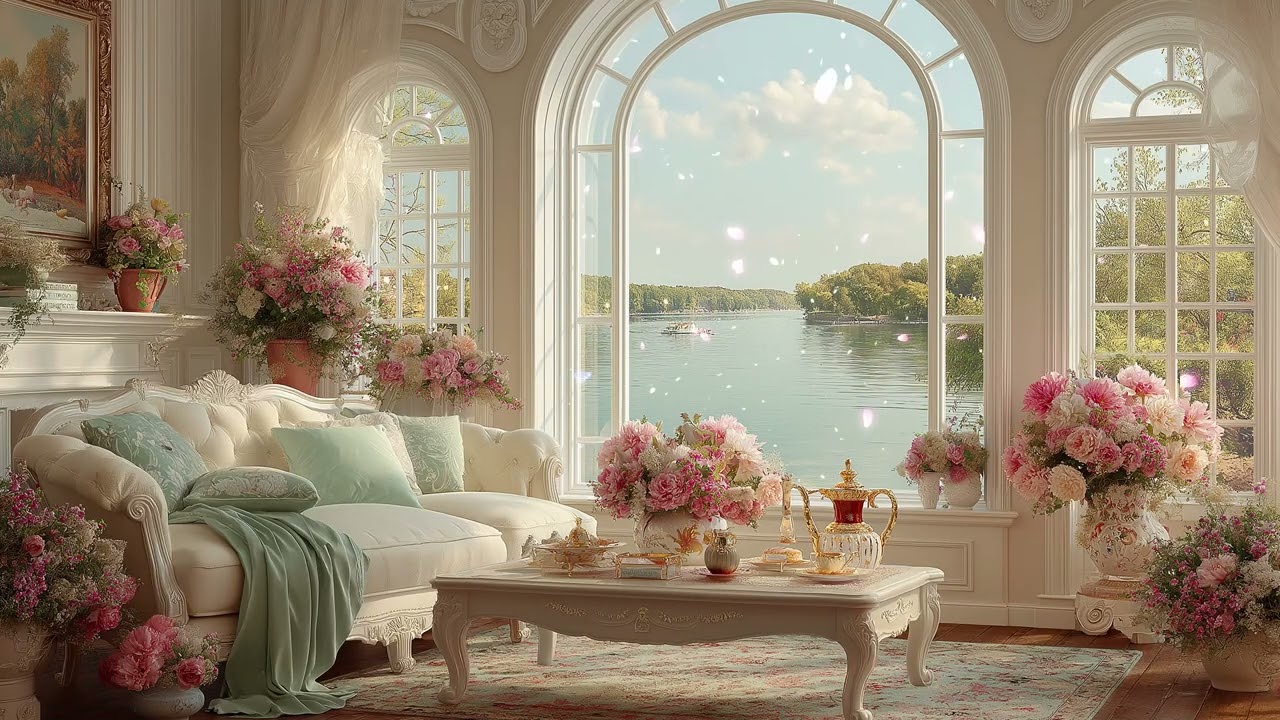 🤍 Spring Night Piano Lounge | Floral Fireplace & Candles 3 Hours | Calm Comfort Study Meditation