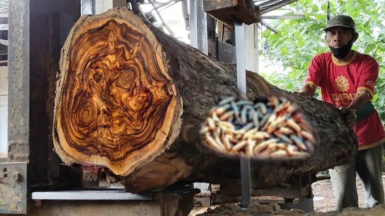 The process of sawing teak wood for premium quality boards. 