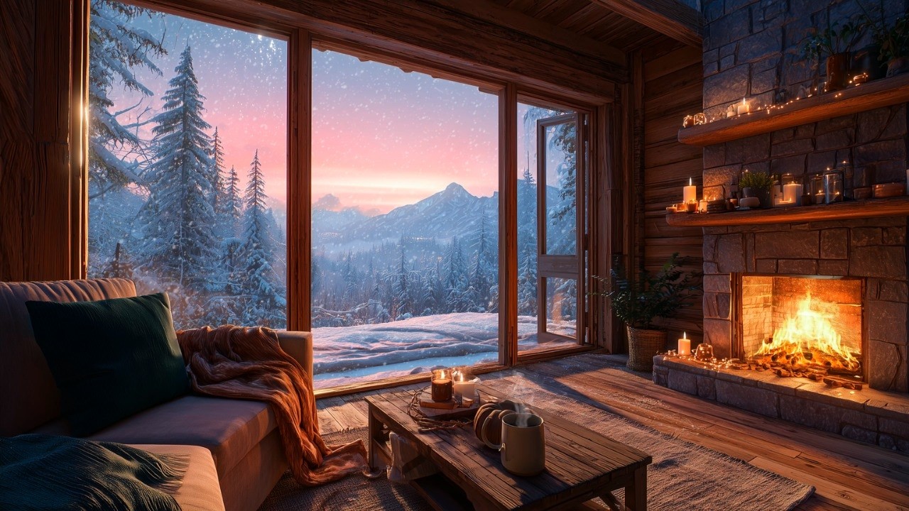 Snowy Window Night | Fireplace & Winter Wind | Cozy Cabin Ambience