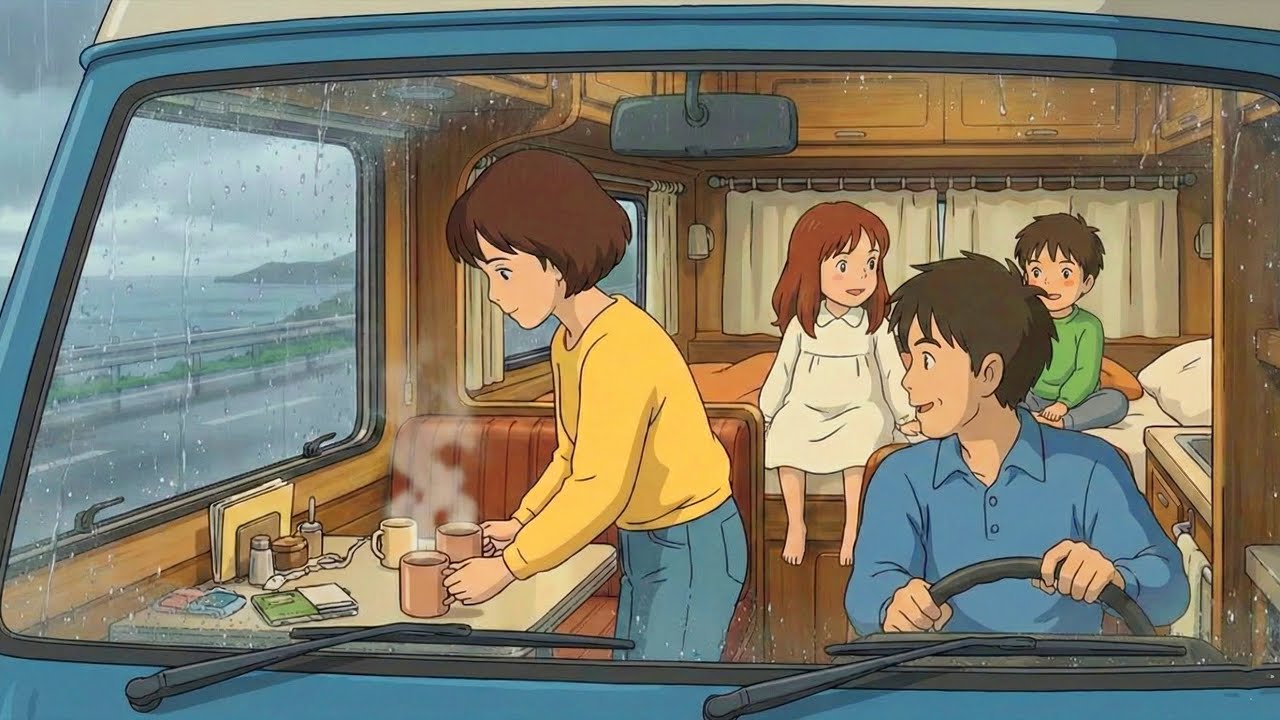 Family Road Trip Overnight in the Car During Rainy Season | Studio Ghibli style