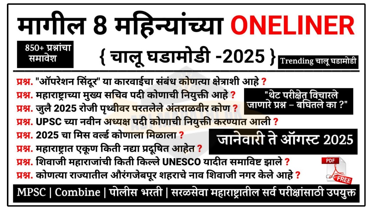 जानेवारी ते ऑगस्ट चालू घडामोडी 2025 | Last 8 month Current Affairs Question | Chalu Ghadamodi 2025 