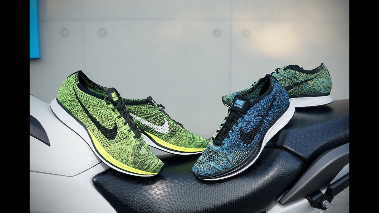 Nike Flyknit Racer 526628 731 Volt Black and 526628-405 Blue Glow