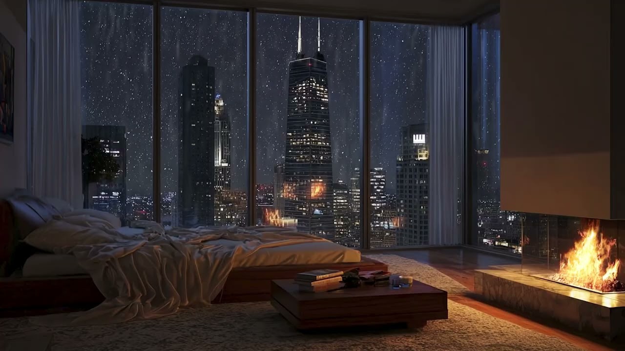 🌧️🔥 City Rain & Warm Fireplace Sounds for Deep Sleep | Cozy Room Ambience | Relax Chill