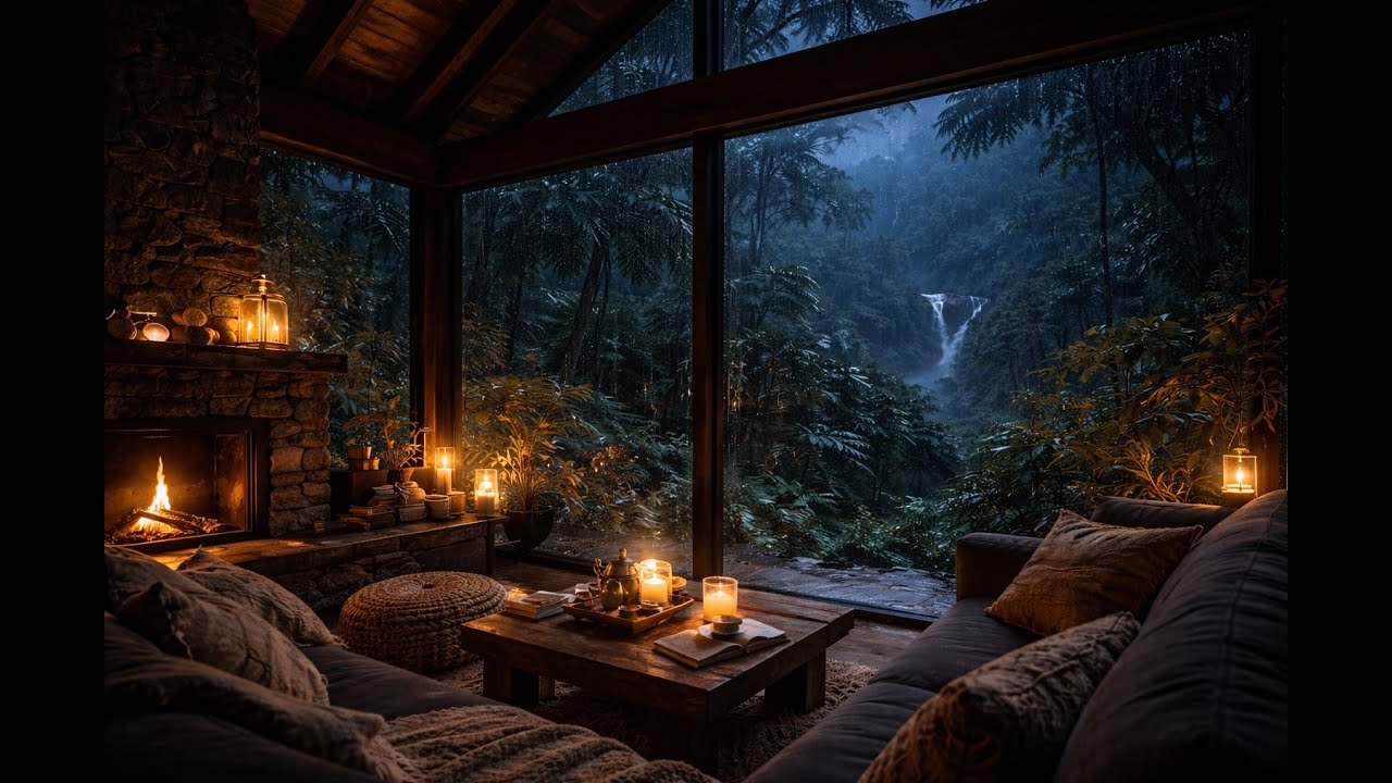 Cozy Rainforest Night 🌧️🔥 Rain Sounds, Fireplace & Candles