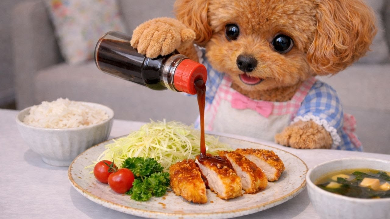 サクッ…じゅわっ。もこちゃん特製「とんかつ」を食べる音で癒やされてください🐶🍽️ Crispy… Juicy. A Toy Poodle Enjoys Homemade Tonkatsu