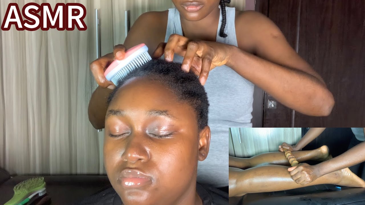 Gentle scalp scratching,blowing and leg massage ASMR with singing in whispers.