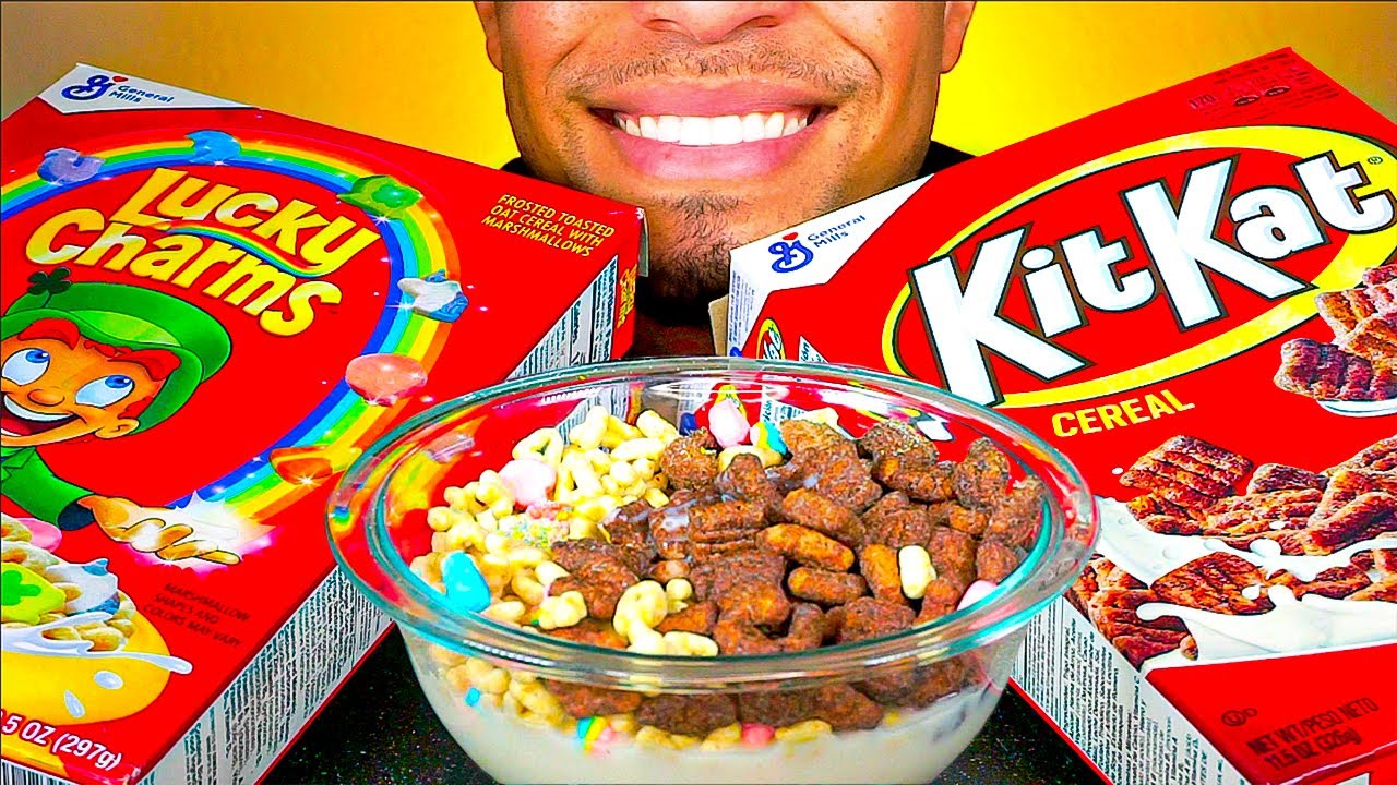 ASMR LUCKY CHARMS KITKAT CEREAL MUKBANG WITH MILK EATING MOUTH SOUNDS NO TALKING