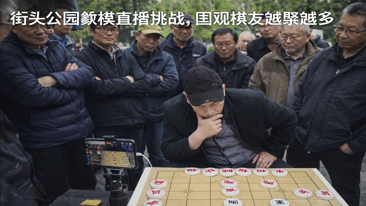 街头公园象棋直播挑战，围观棋友越聚越多