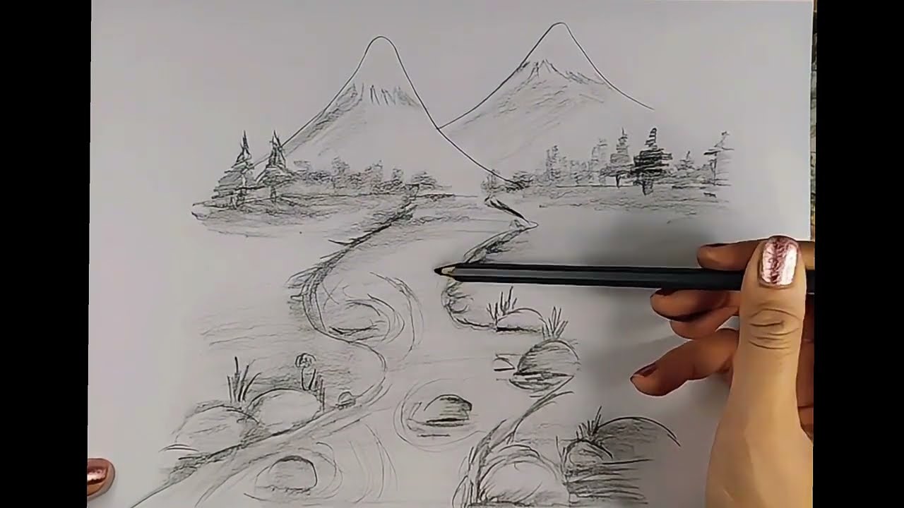 Mountain River Landscape Drawing Tutorial || Step by Step Pencil Sketch