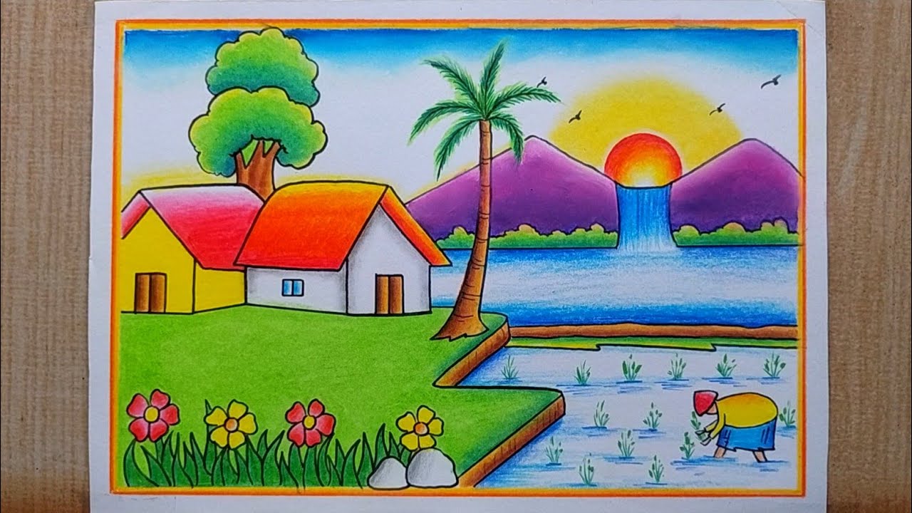 Very easy Village Scenery drawing| Paddy Field With Farmer Scenery drawing|Landscape scenery drawing