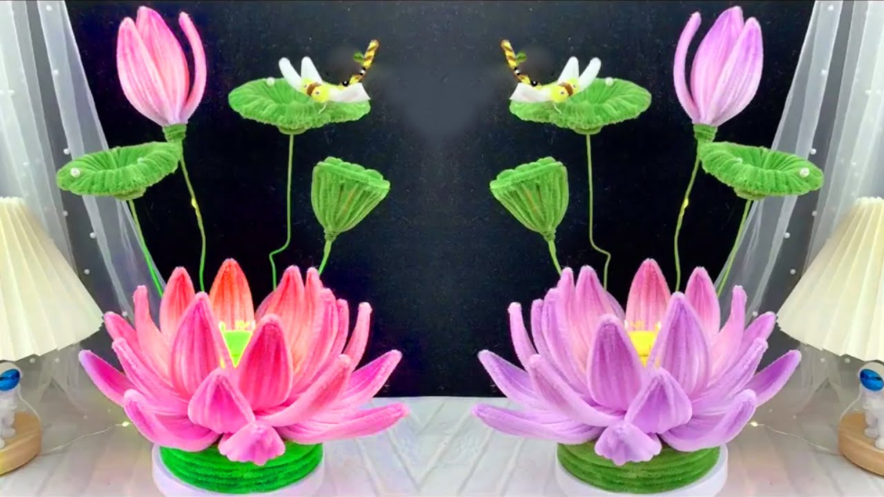DIY Beautiful  Flower Lamp: How To Make Lotus Flower Lamp - Home Decor - Pipe Cleaner Flower Craft
