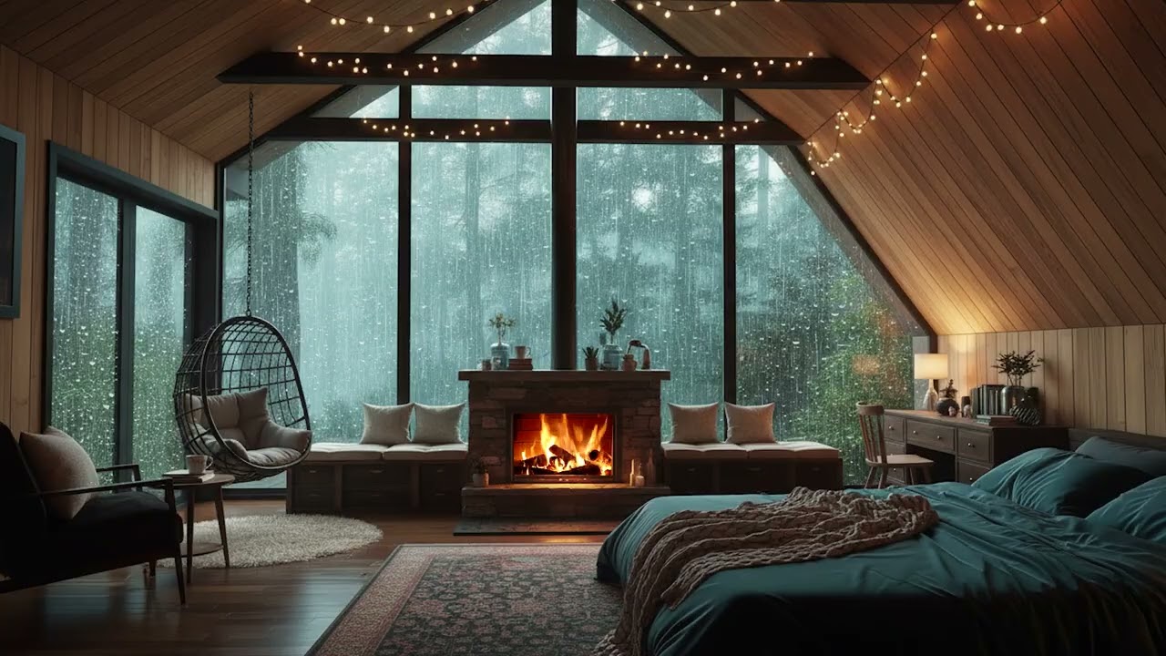Fireplace & Gentle Rain Sounds 🌧️ Deep Sleep Atmosphere