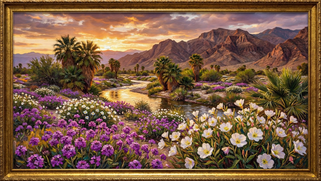 Classic Desert Superbloom Oasis Painting | Gold Frame TV Art | Art Screensaver for TV | 1 Scene   2